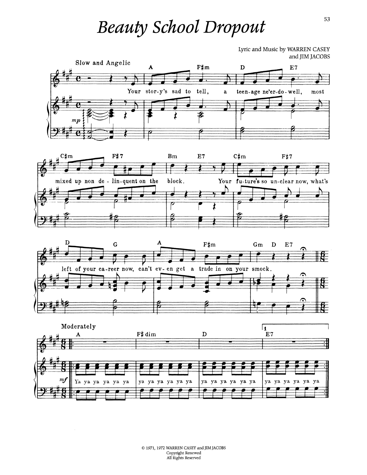 Warren Casey Beauty School Dropout (from Grease) sheet music notes and chords arranged for Piano & Vocal