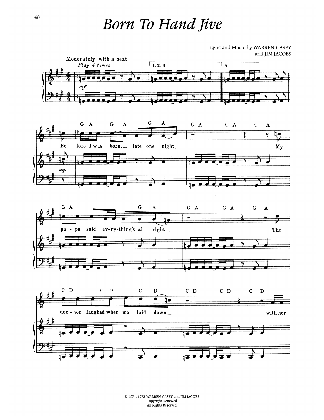 Warren Casey Born To Hand Jive (from Grease) sheet music notes and chords arranged for Piano & Vocal
