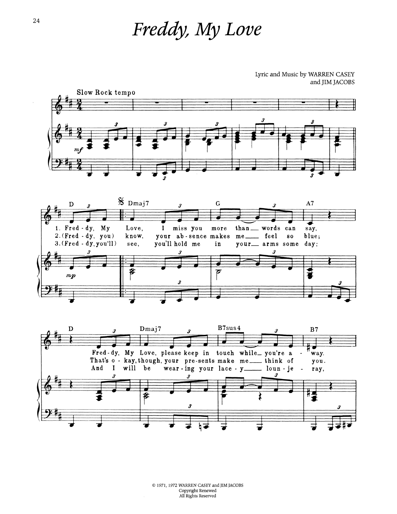 Warren Casey Freddy, My Love (from Grease) sheet music notes and chords arranged for Piano & Vocal