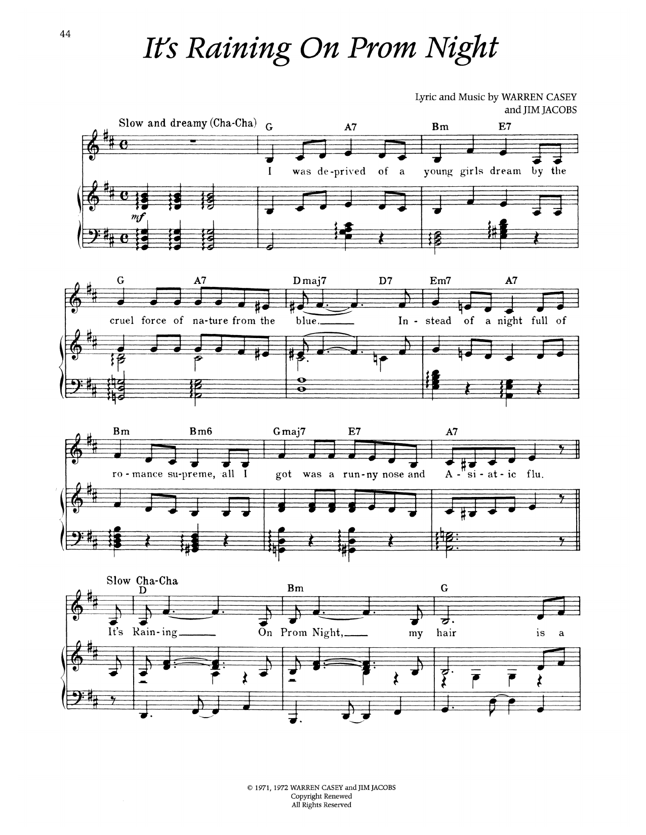 Warren Casey It's Raining On Prom Night (from Grease) sheet music notes and chords arranged for Piano & Vocal