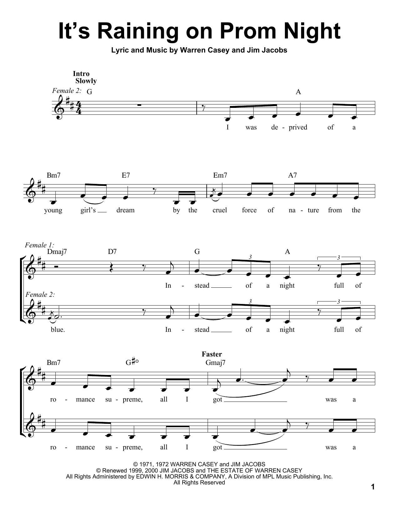 Warren Casey It's Raining On Prom Night sheet music notes and chords arranged for Pro Vocal