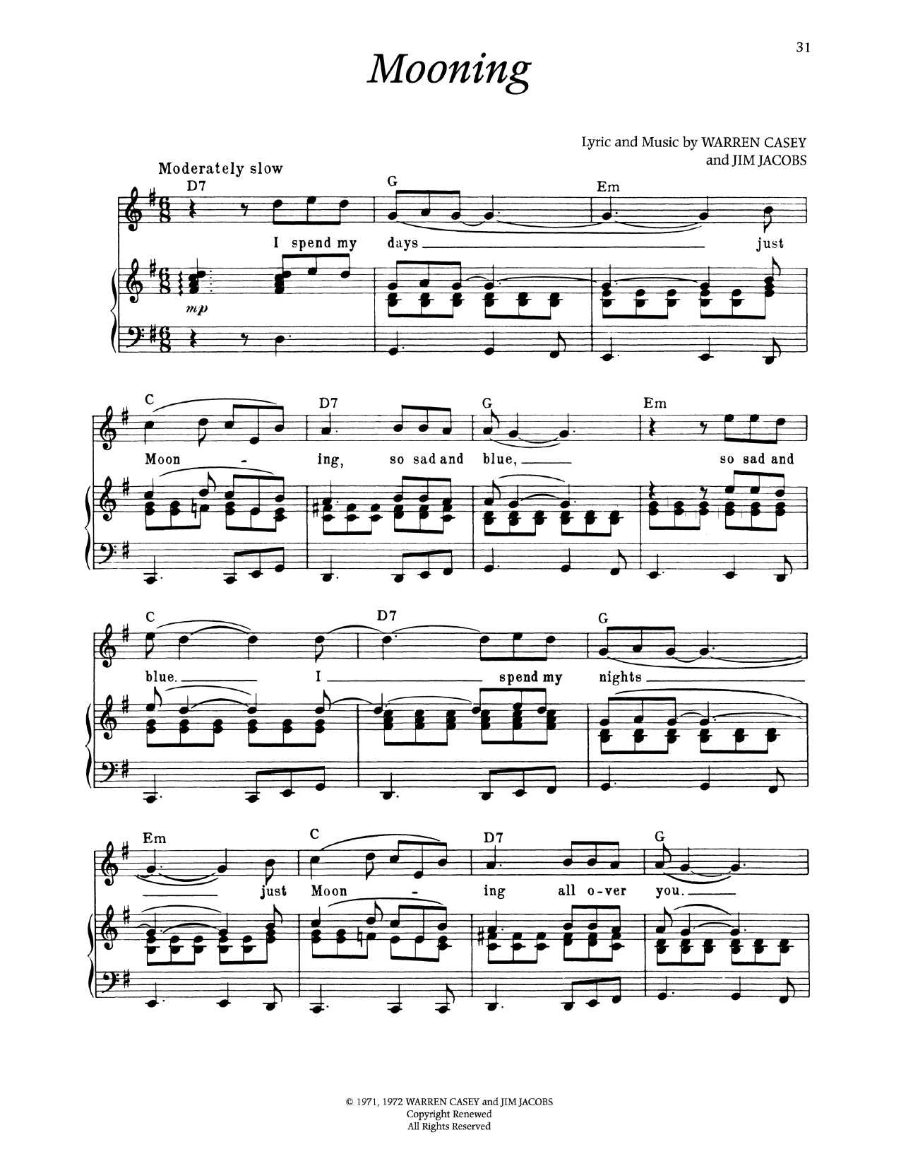 Warren Casey Mooning (from Grease) sheet music notes and chords arranged for Piano & Vocal