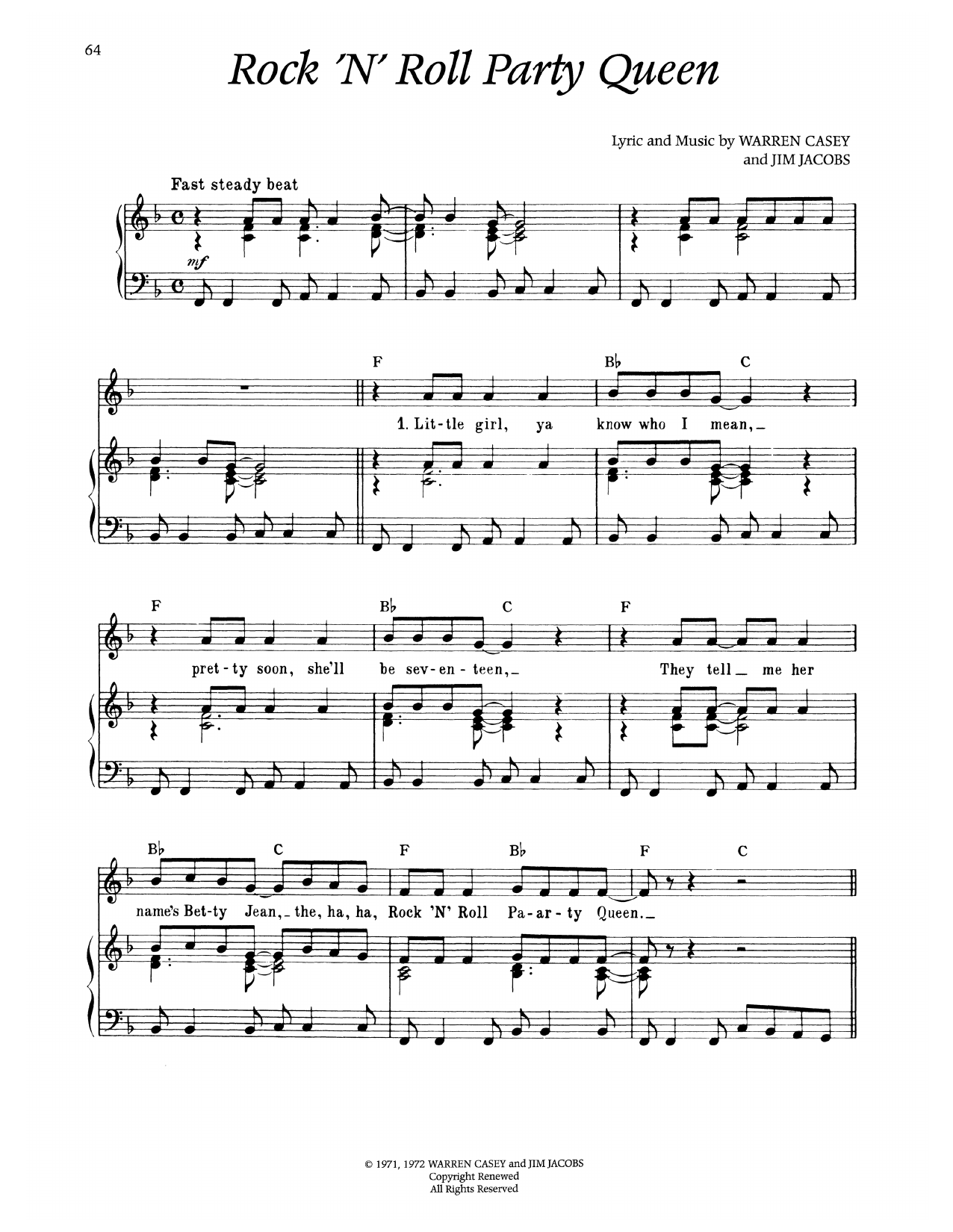 Warren Casey Rock 'N' Roll Party Queen (from Grease) sheet music notes and chords arranged for Piano & Vocal