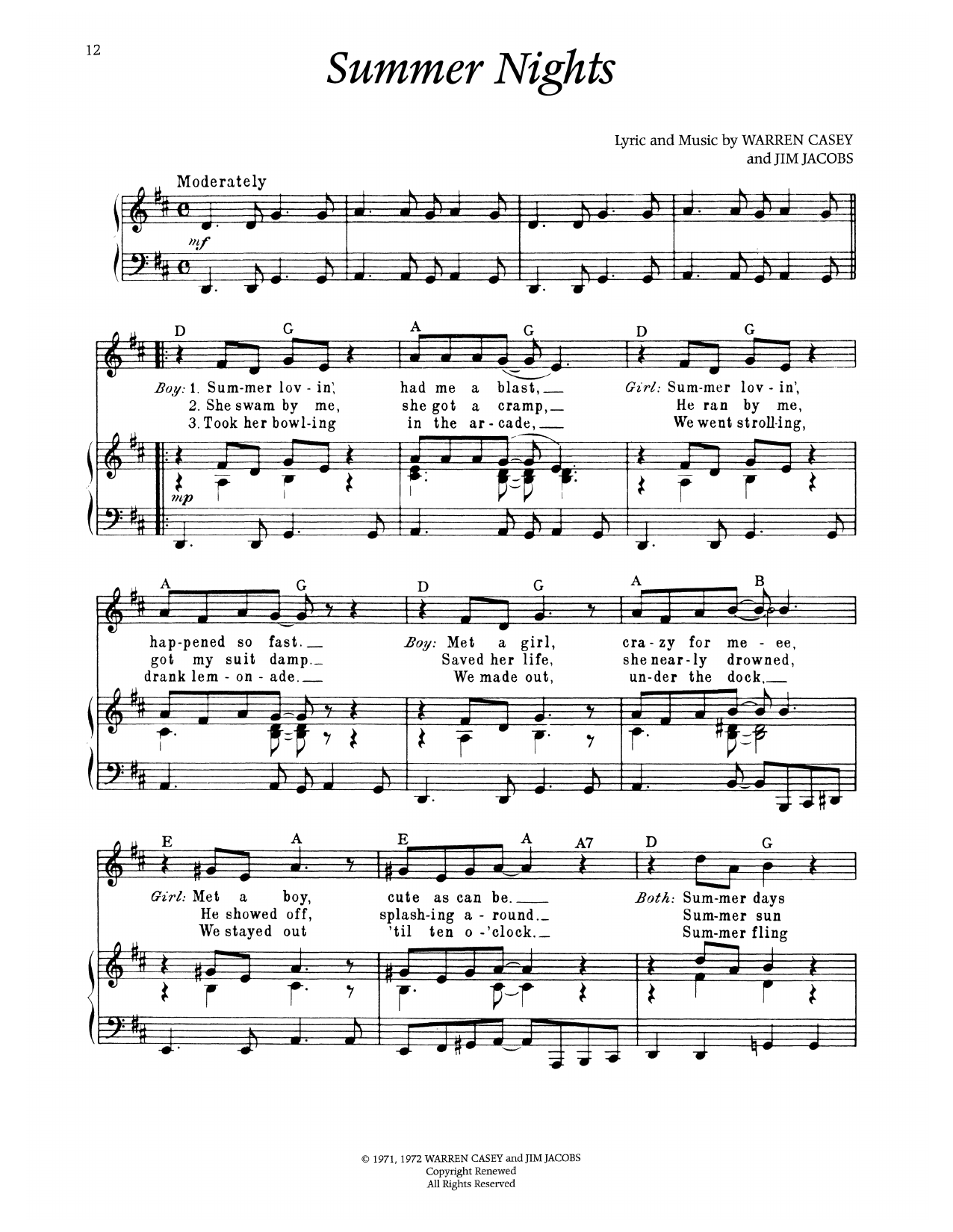 Warren Casey Summer Nights (from Grease) sheet music notes and chords arranged for Piano & Vocal