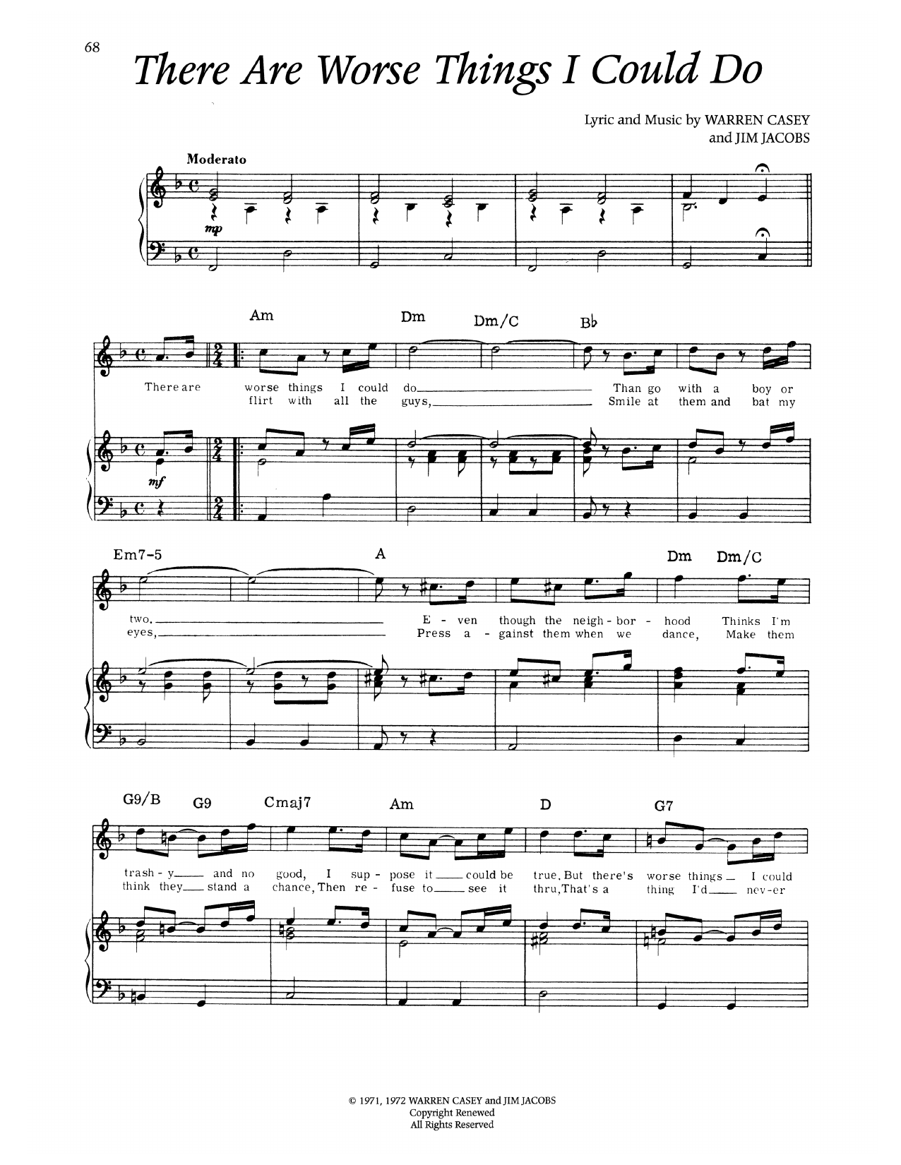 Warren Casey There Are Worse Things I Could Do (from Grease) sheet music notes and chords arranged for Piano & Vocal