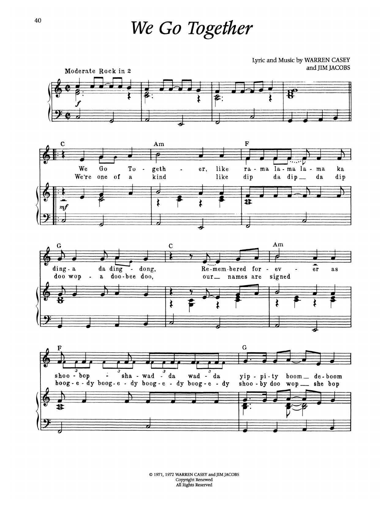 Warren Casey We Go Together (from Grease) sheet music notes and chords arranged for Piano & Vocal