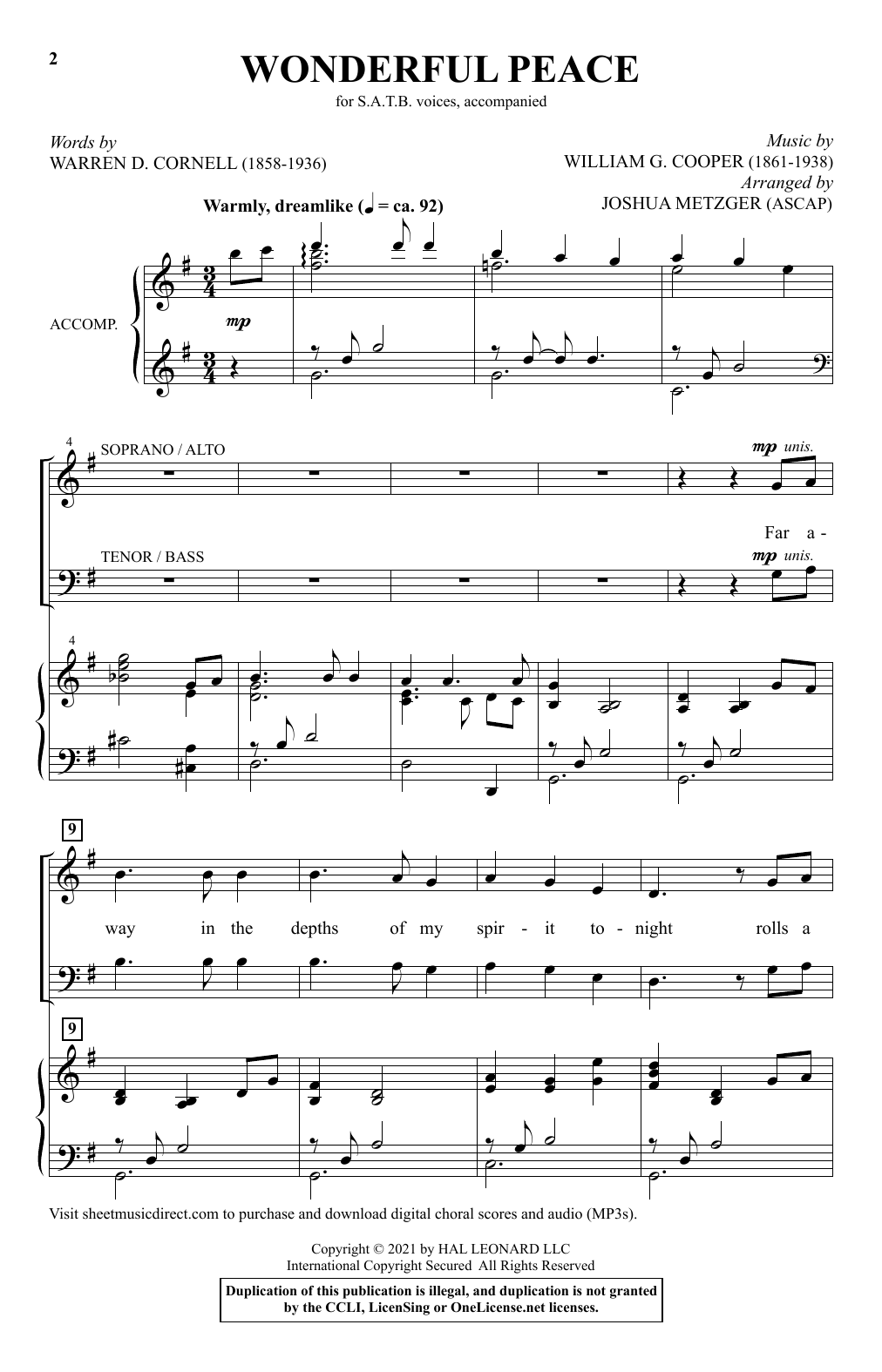 Warren D. Cornell and William G. Cooper Wonderful Peace (arr. Joshua Metzger) sheet music notes and chords arranged for SATB Choir