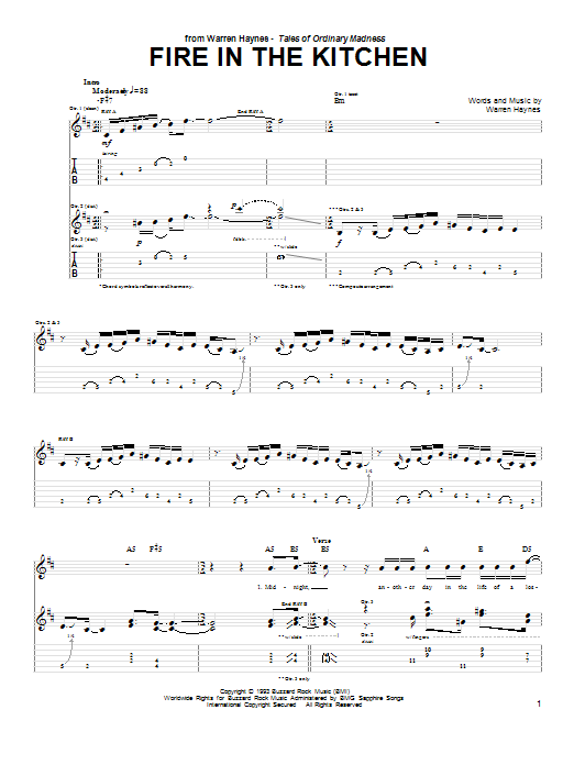 Warren Haynes Fire In The Kitchen sheet music notes and chords arranged for Guitar Tab