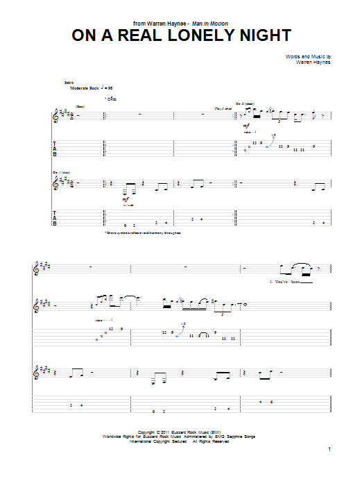 Warren Haynes On A Real Lonely Night sheet music notes and chords arranged for Guitar Tab