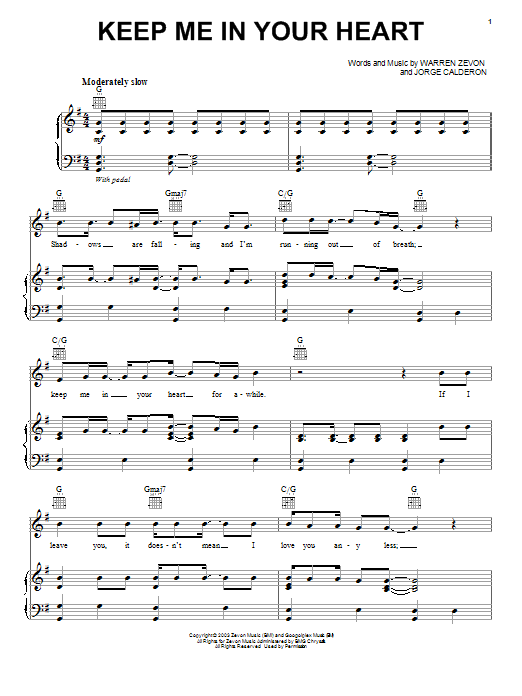 Warren Zevon Keep Me In Your Heart sheet music notes and chords arranged for Piano, Vocal & Guitar Chords (Right-Hand Melody)