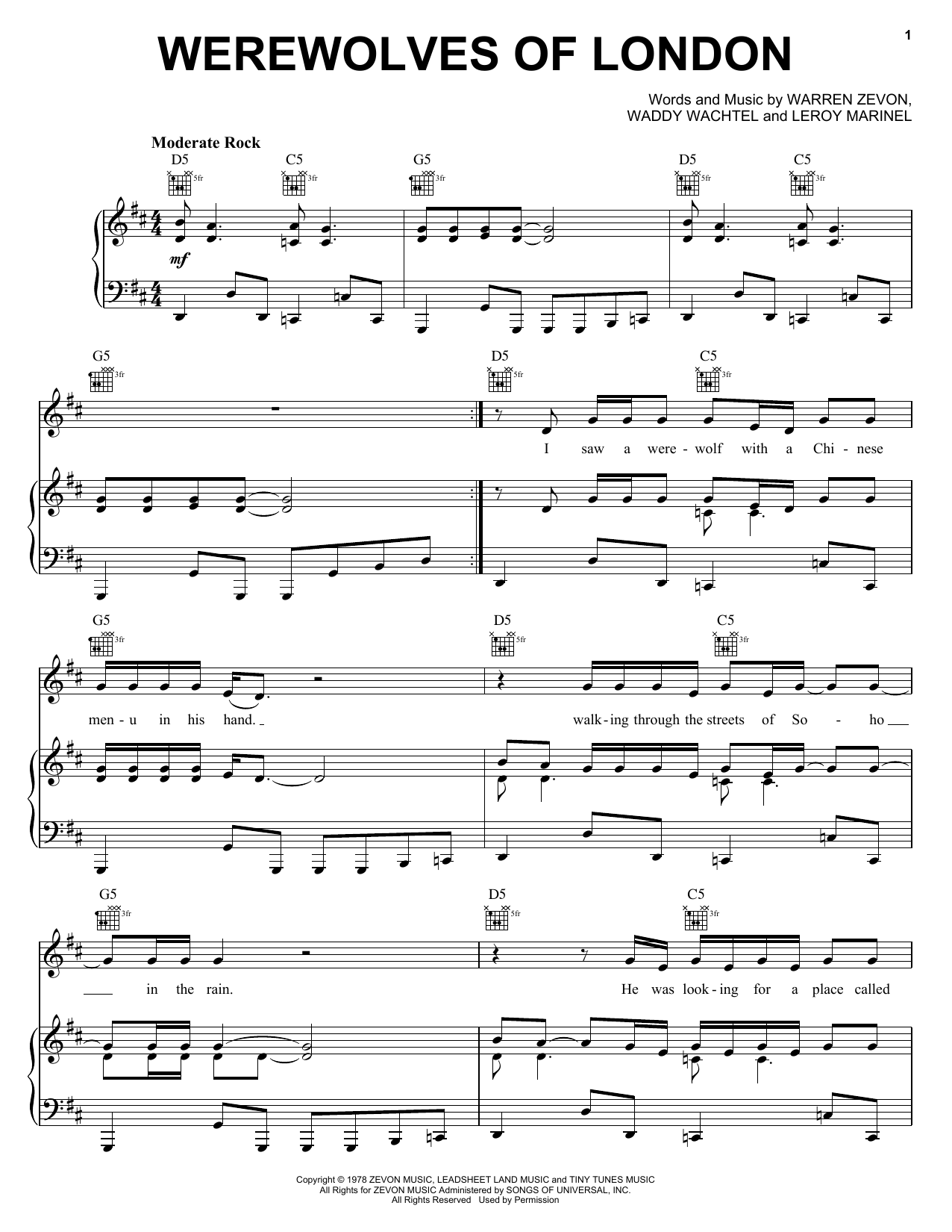 Warren Zevon Werewolves Of London sheet music notes and chords arranged for Piano, Vocal & Guitar Chords