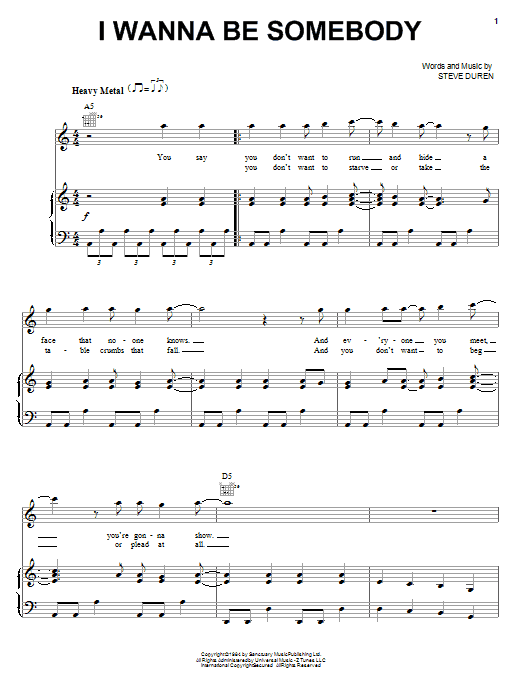 W.A.S.P. I Wanna Be Somebody sheet music notes and chords arranged for Piano, Vocal & Guitar Chords (Right-Hand Melody)