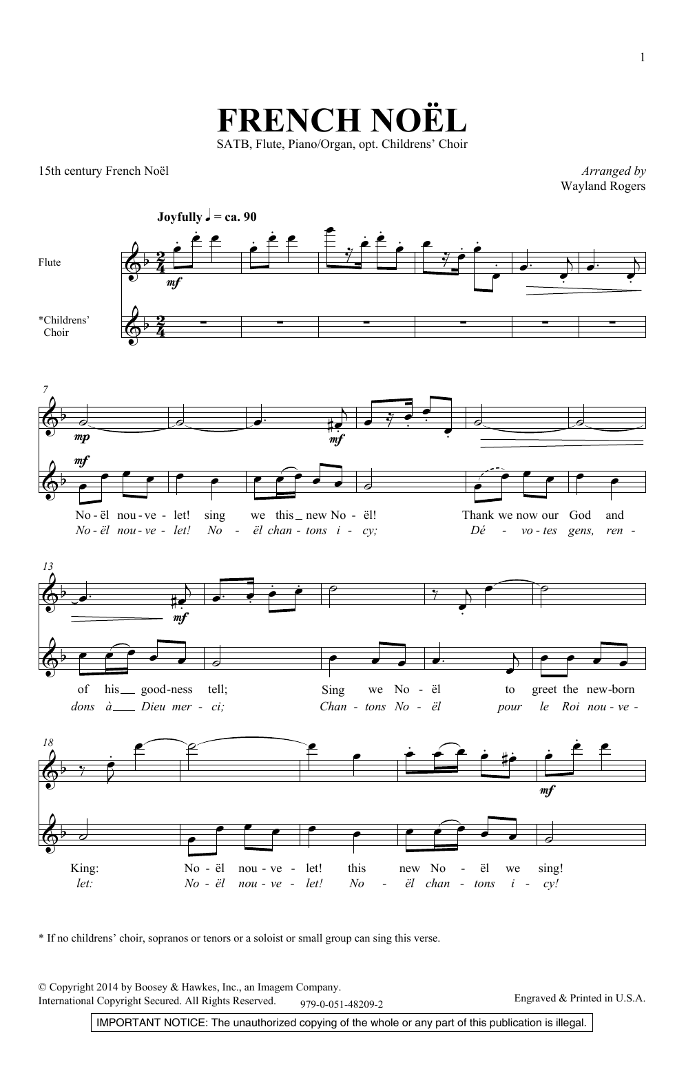 Wayland Rogers French Noel sheet music notes and chords arranged for SATB Choir