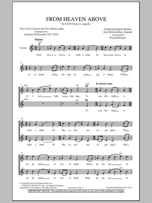 Wayland Rogers From Heaven Above sheet music notes and chords arranged for SATB Choir