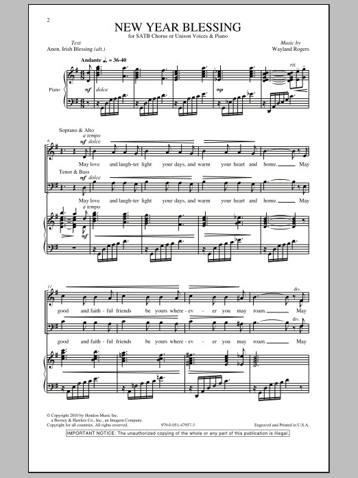 Wayland Rogers New Year Blessing sheet music notes and chords arranged for SATB Choir