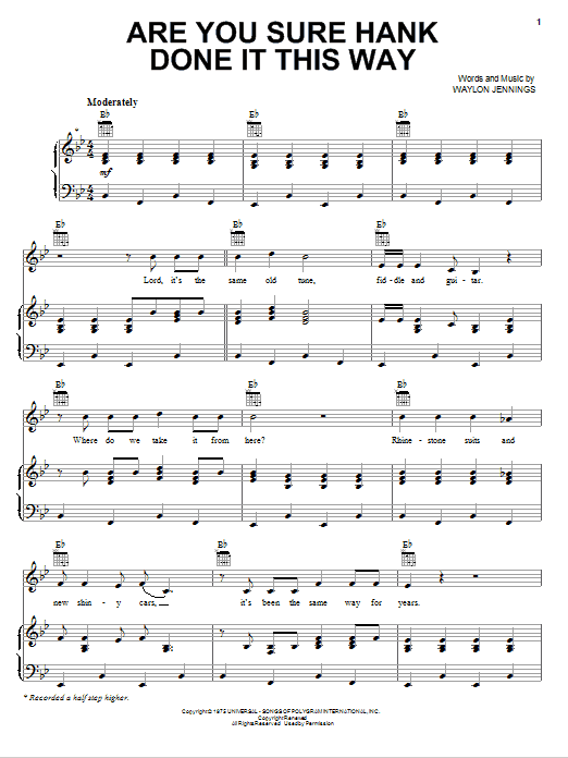 Waylon Jennings Are You Sure Hank Done It This Way sheet music notes and chords arranged for Piano, Vocal & Guitar Chords (Right-Hand Melody)