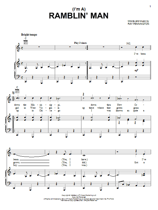 Waylon Jennings (I'm A) Ramblin' Man sheet music notes and chords arranged for Piano, Vocal & Guitar Chords (Right-Hand Melody)