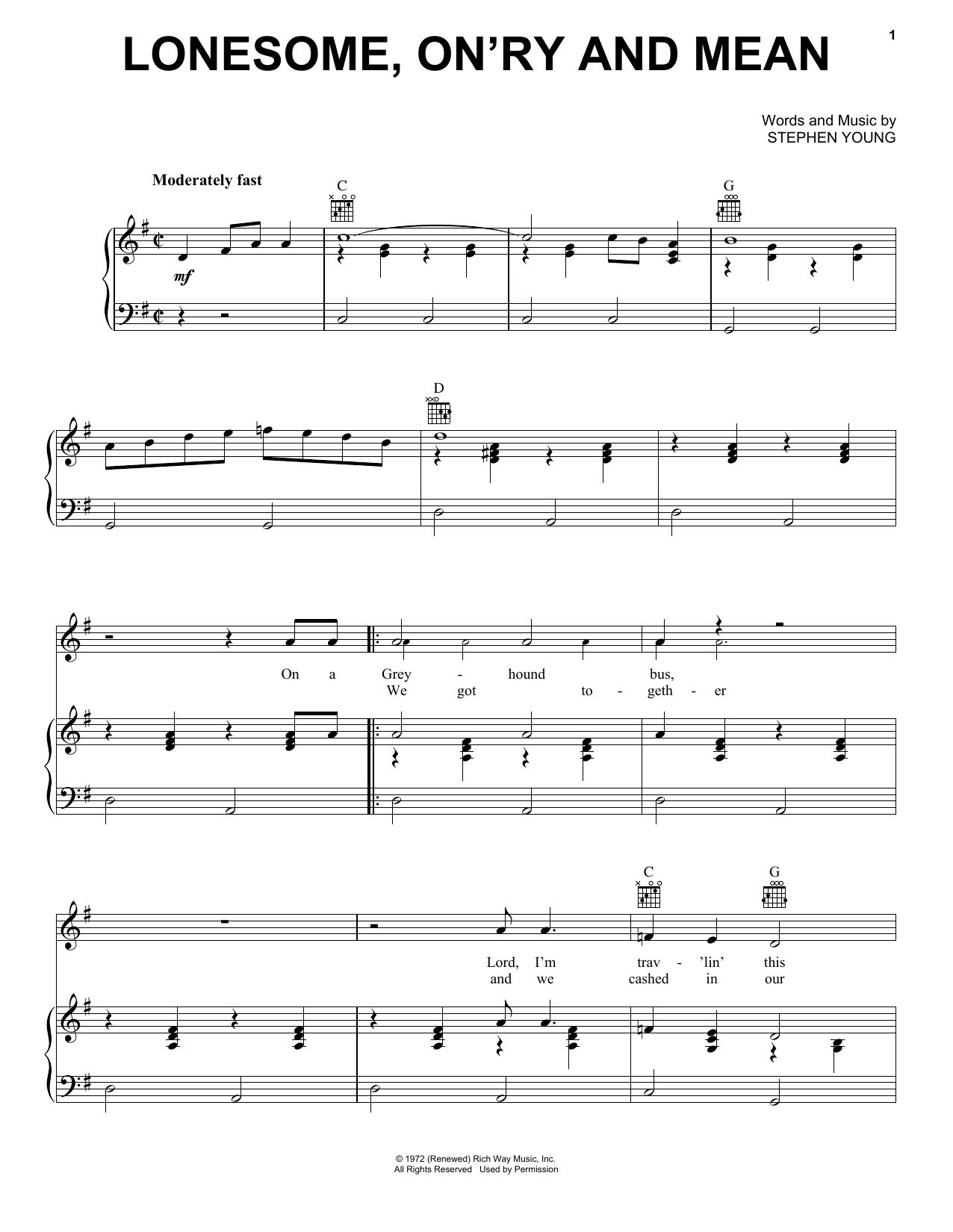 Waylon Jennings Lonesome, On'ry And Mean sheet music notes and chords arranged for Piano, Vocal & Guitar Chords (Right-Hand Melody)