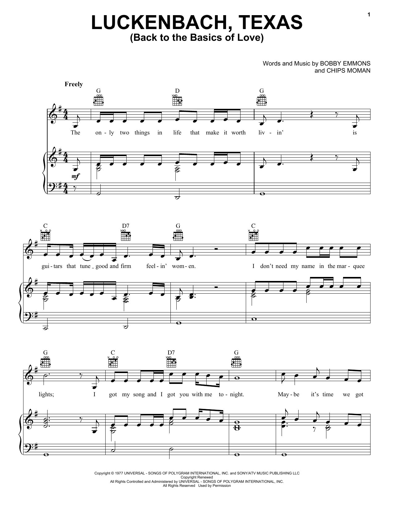 Waylon Jennings Luckenbach, Texas (Back To The Basics Of Love) sheet music notes and chords arranged for Piano Chords/Lyrics