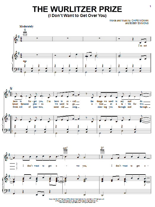 Waylon Jennings Wurlitzer Prize (I Don't Want To Get Over You) sheet music notes and chords arranged for Piano, Vocal & Guitar Chords (Right-Hand Melody)