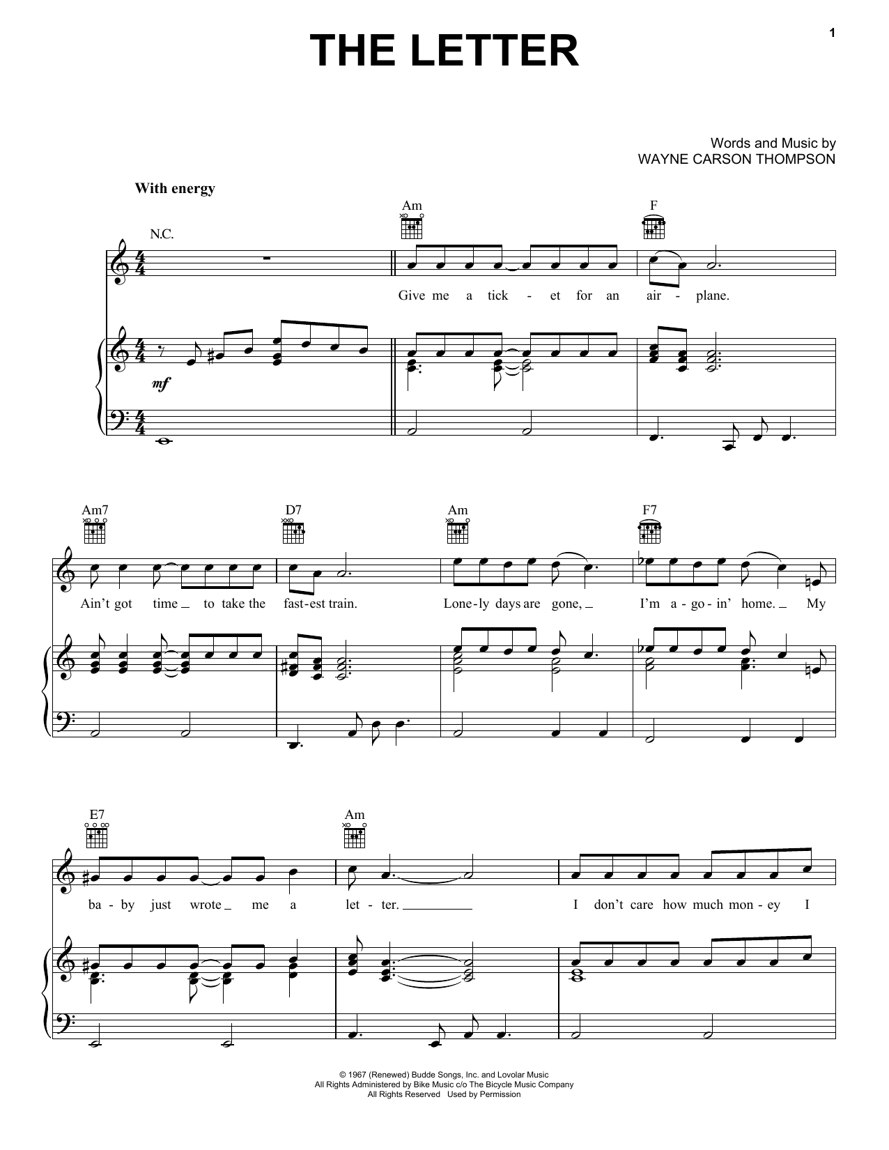 Wayne Carson Thompson The Letter sheet music notes and chords arranged for Piano, Vocal & Guitar Chords (Right-Hand Melody)