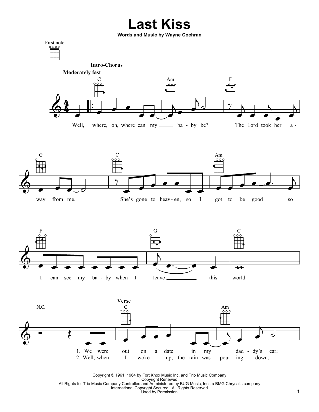 Wayne Cochran Last Kiss sheet music notes and chords arranged for Real Book – Melody, Lyrics & Chords