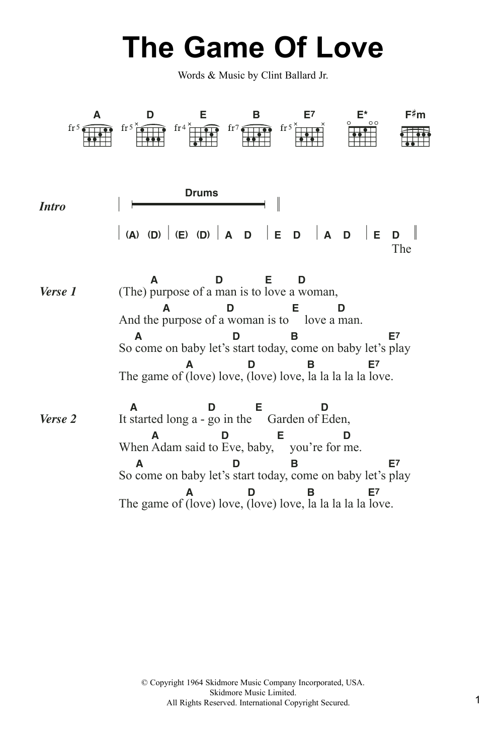 Wayne Fontana & The Mindbenders The Game Of Love sheet music notes and chords arranged for Guitar Chords/Lyrics
