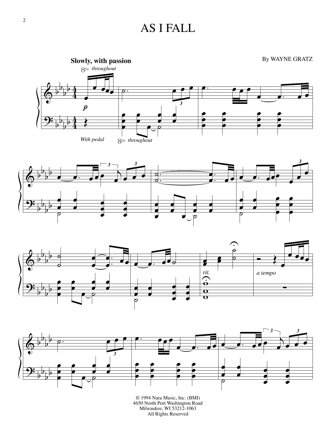 Wayne Gratz As I Fall sheet music notes and chords arranged for Piano Solo
