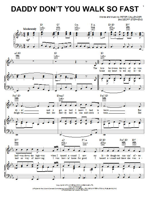 Wayne Newton Daddy Don't You Walk So Fast sheet music notes and chords arranged for Piano, Vocal & Guitar Chords (Right-Hand Melody)