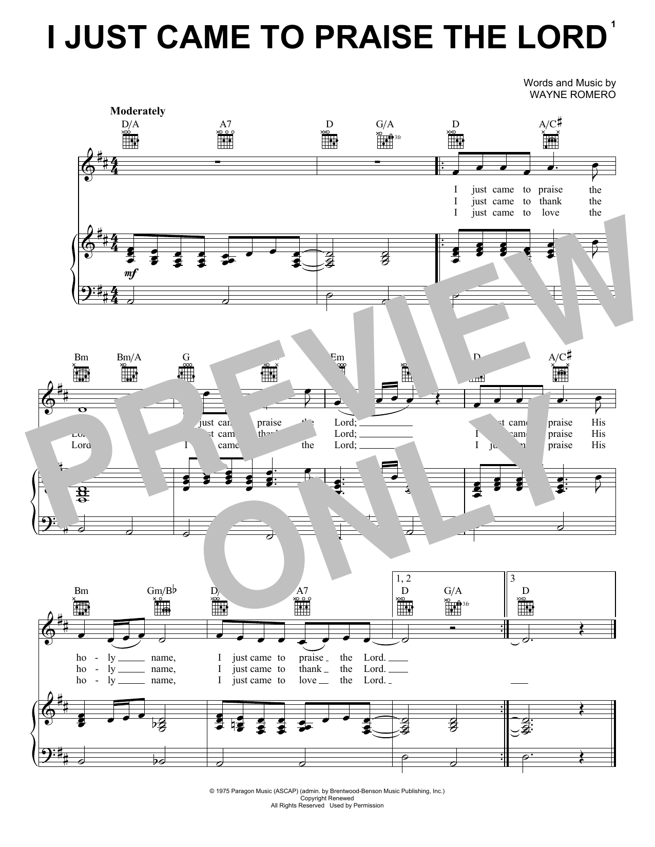 Wayne Romero I Just Came To Praise The Lord sheet music notes and chords arranged for Piano, Vocal & Guitar Chords (Right-Hand Melody)
