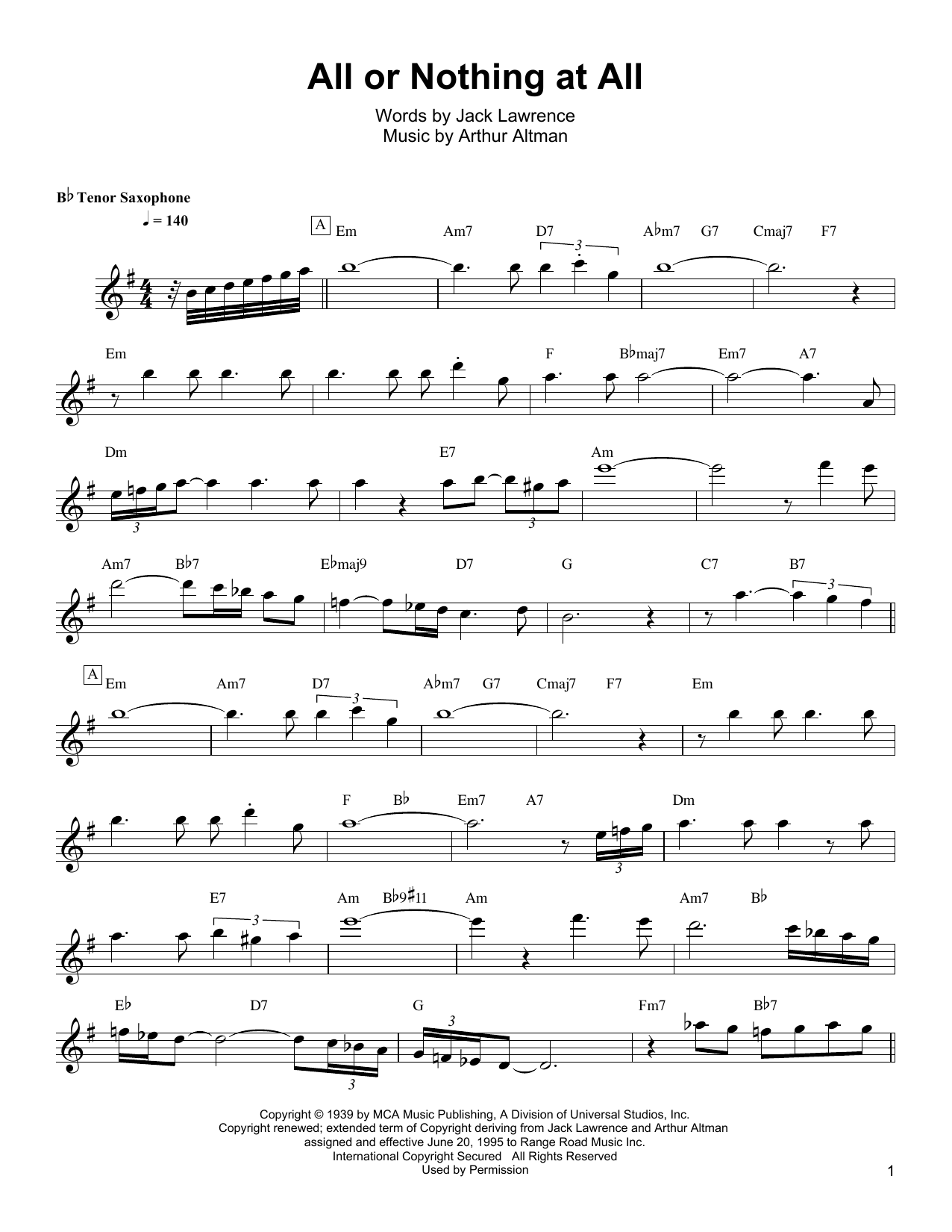 Wayne Shorter All Or Nothing At All sheet music notes and chords arranged for Tenor Sax Transcription