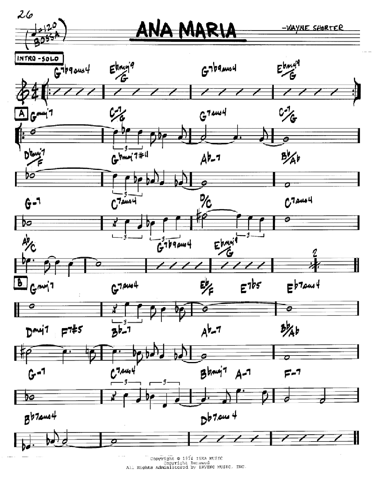 Wayne Shorter Ana Maria sheet music notes and chords arranged for Soprano Sax Transcription