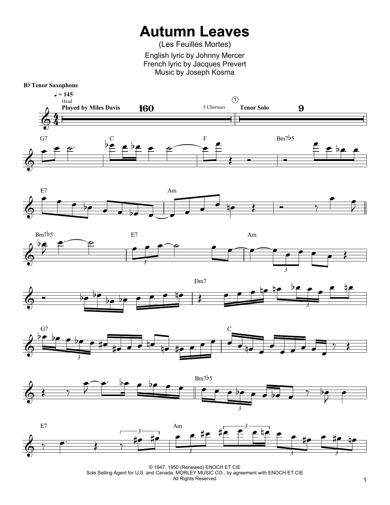 Wayne Shorter Autumn Leaves sheet music notes and chords arranged for Tenor Sax Transcription