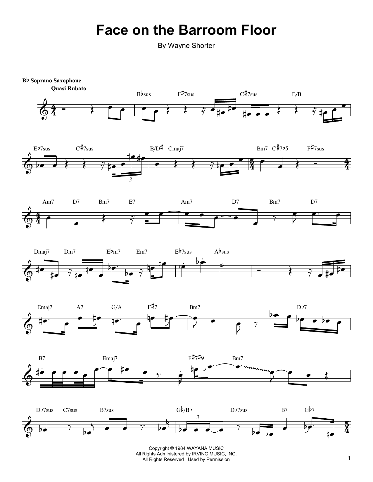 Wayne Shorter Face On The Barroom Floor sheet music notes and chords arranged for Soprano Sax Transcription
