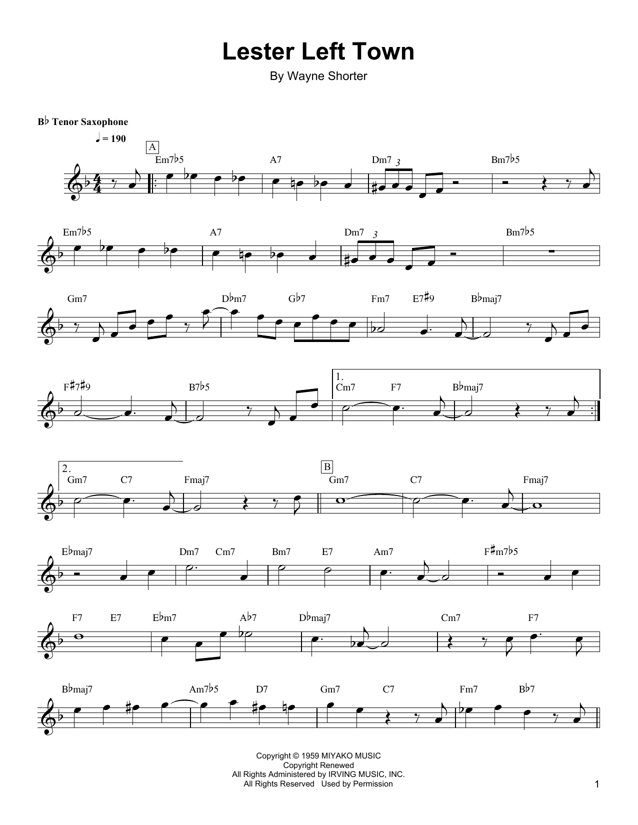 Wayne Shorter Lester Left Town sheet music notes and chords arranged for Tenor Sax Transcription