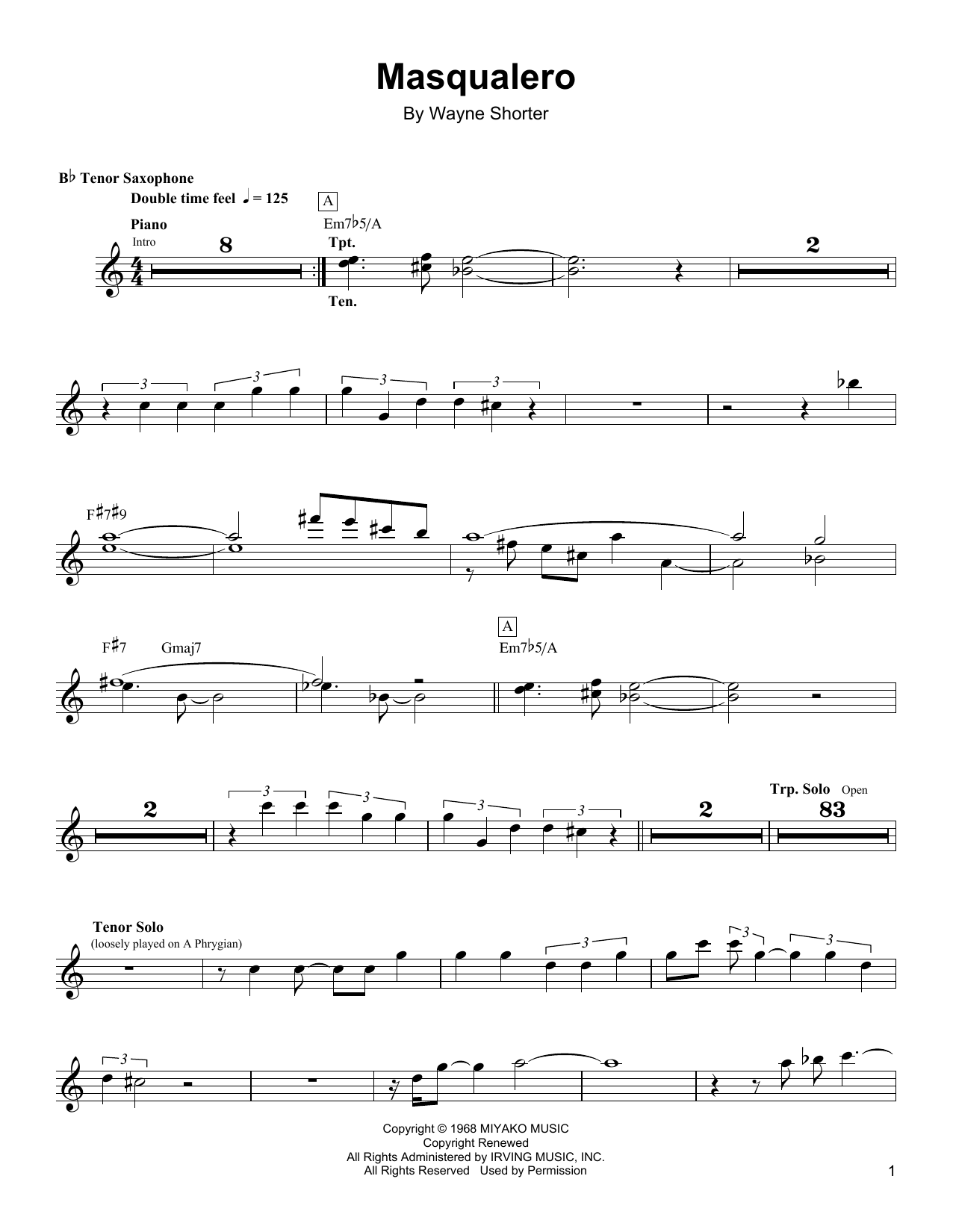 Wayne Shorter Masqualero sheet music notes and chords arranged for Tenor Sax Transcription