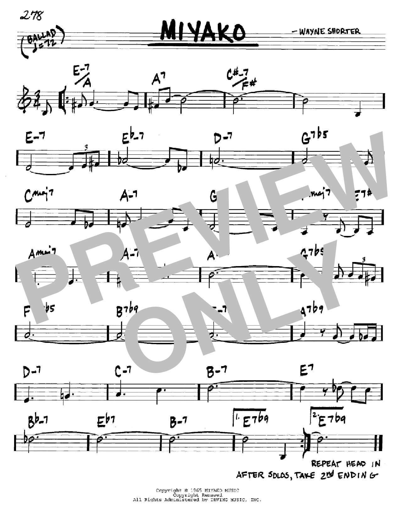 Wayne Shorter Miyako sheet music notes and chords arranged for Real Book – Melody & Chords – Bb Instruments