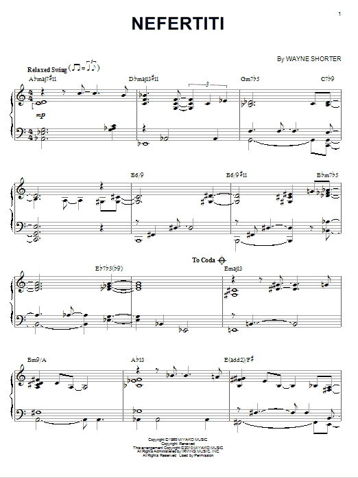 Wayne Shorter Nefertiti (arr. Brent Edstrom) sheet music notes and chords arranged for Piano Solo