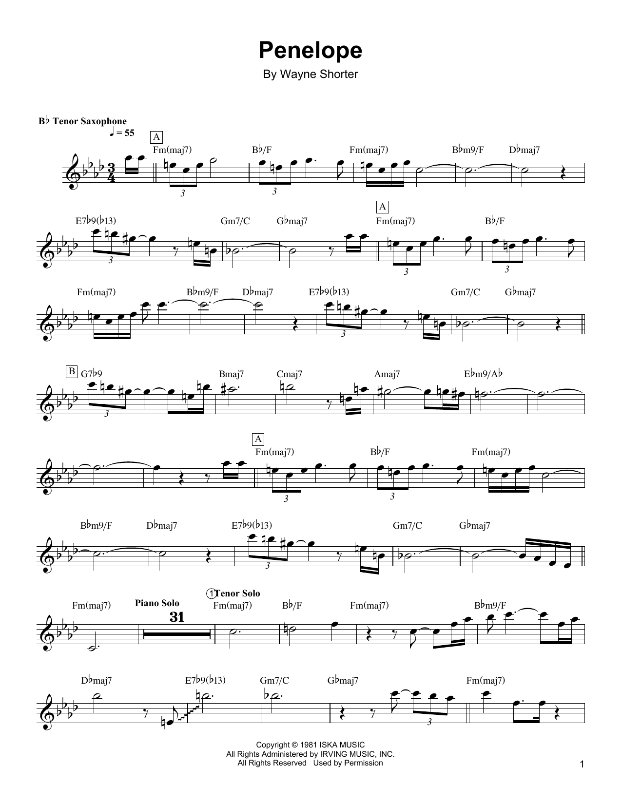 Wayne Shorter Penelope sheet music notes and chords arranged for Tenor Sax Transcription