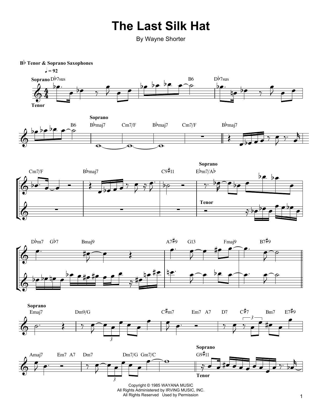 Wayne Shorter The Last Silk Hat sheet music notes and chords arranged for Soprano Sax Transcription