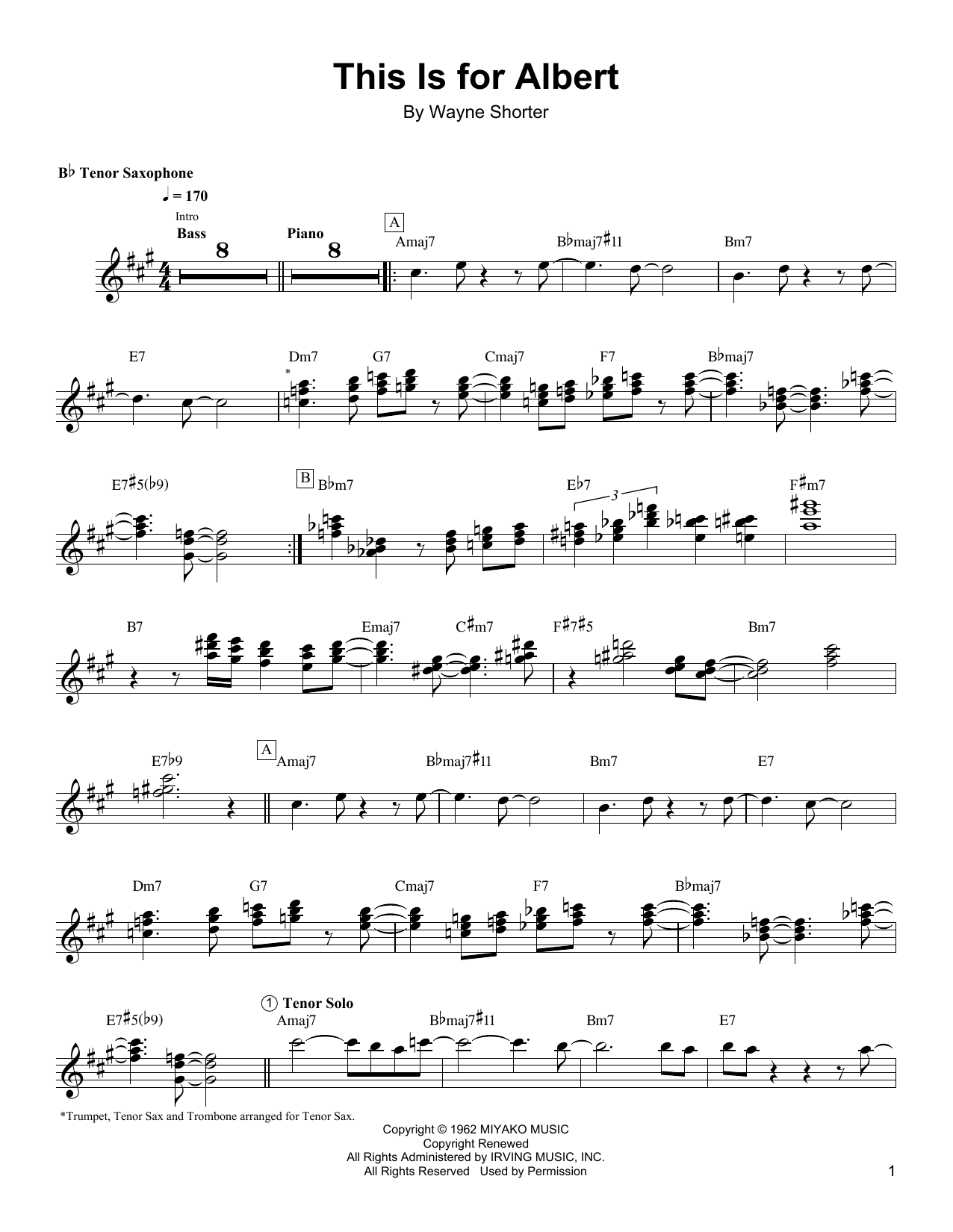 Wayne Shorter This Is For Albert sheet music notes and chords arranged for Tenor Sax Transcription