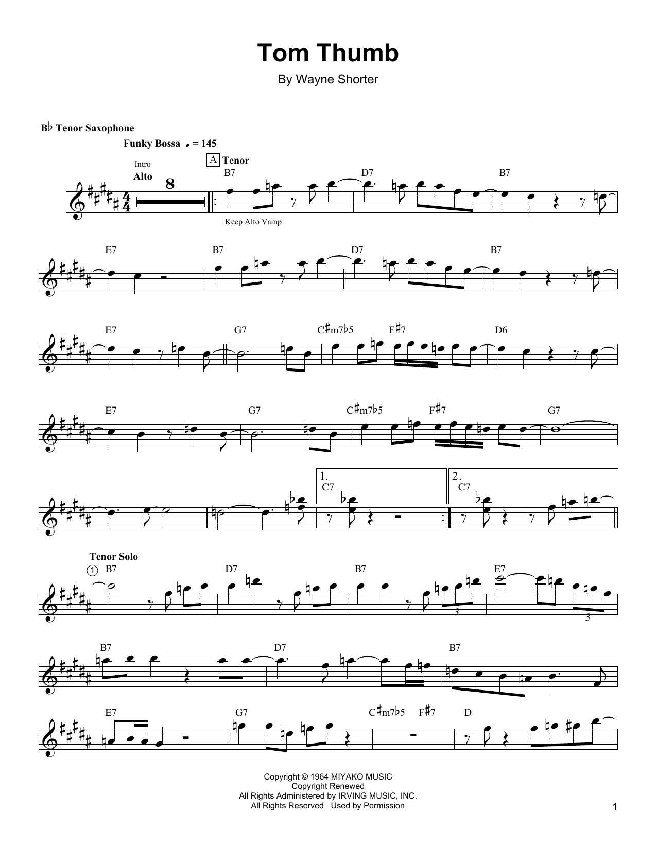 Wayne Shorter Tom Thumb sheet music notes and chords arranged for Tenor Sax Transcription