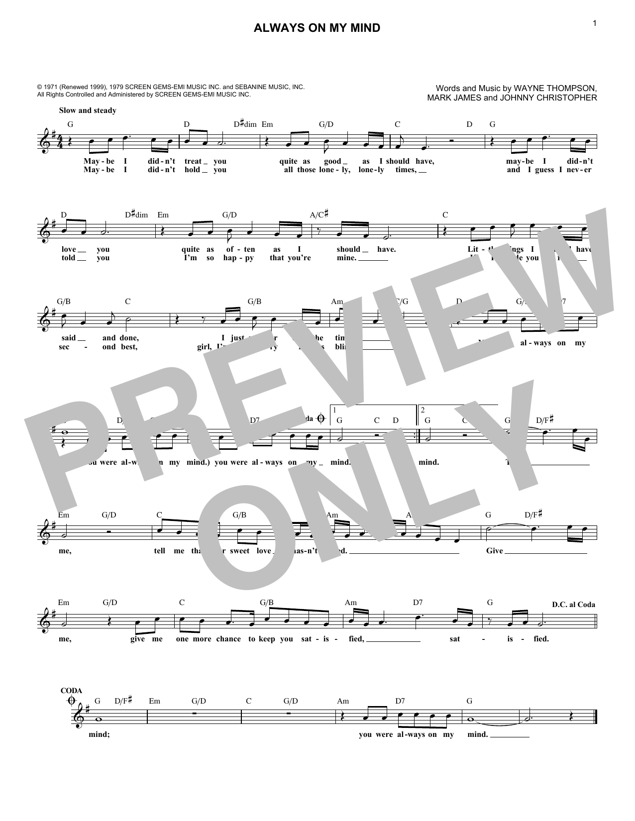 Wayne Thompson Always On My Mind sheet music notes and chords arranged for Lead Sheet / Fake Book