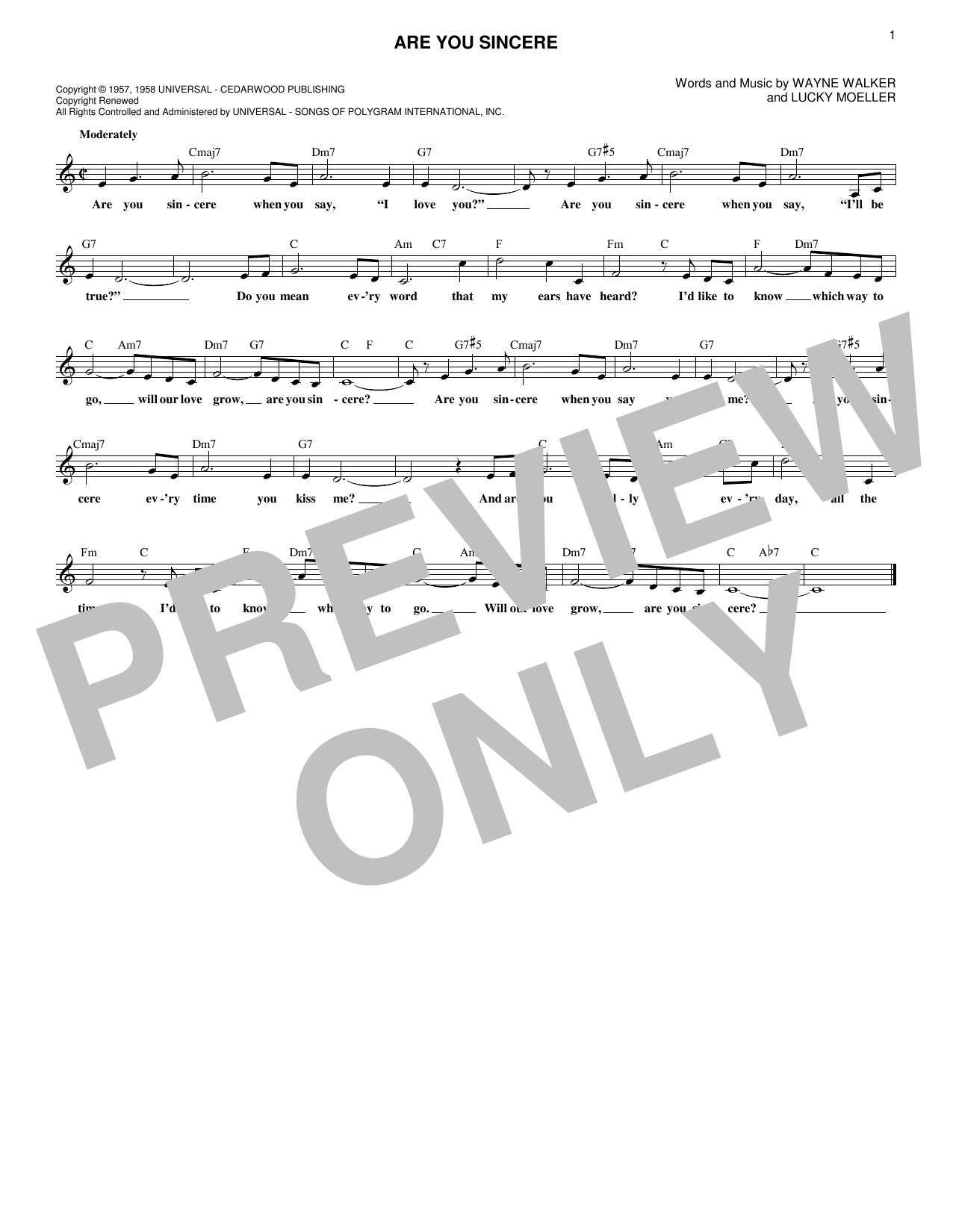 Wayne Walker Are You Sincere sheet music notes and chords arranged for Lead Sheet / Fake Book