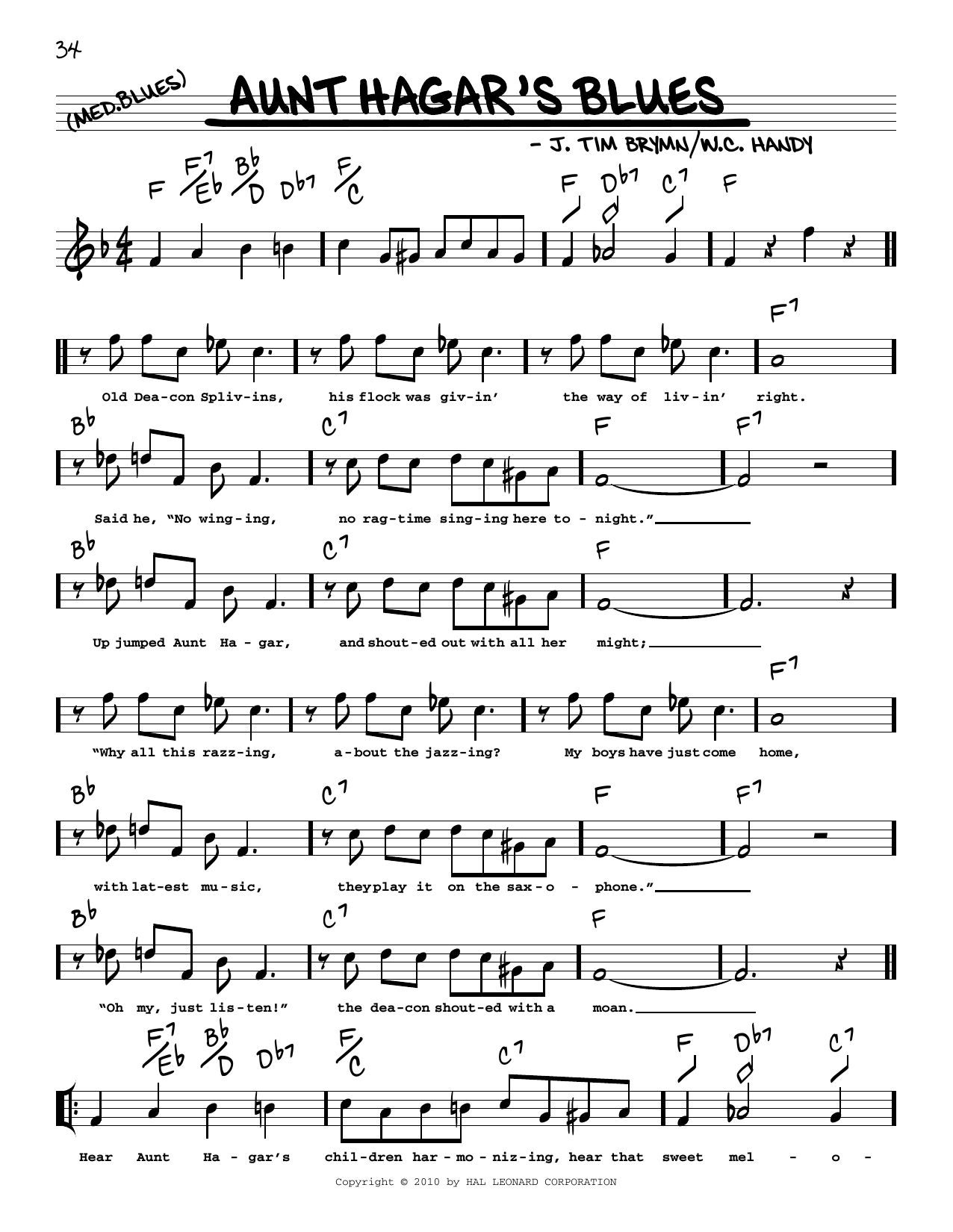 W.C. Handy Aunt Hagar's Blues (arr. Robert Rawlins) sheet music notes and chords arranged for Real Book – Melody, Lyrics & Chords
