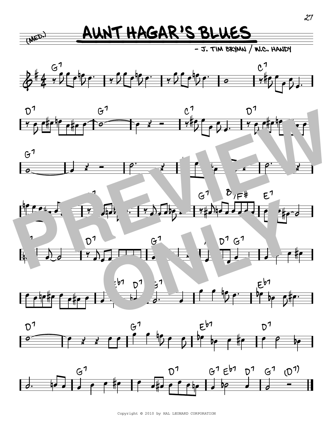 W.C. Handy Aunt Hagar's Blues sheet music notes and chords arranged for Real Book – Melody & Chords