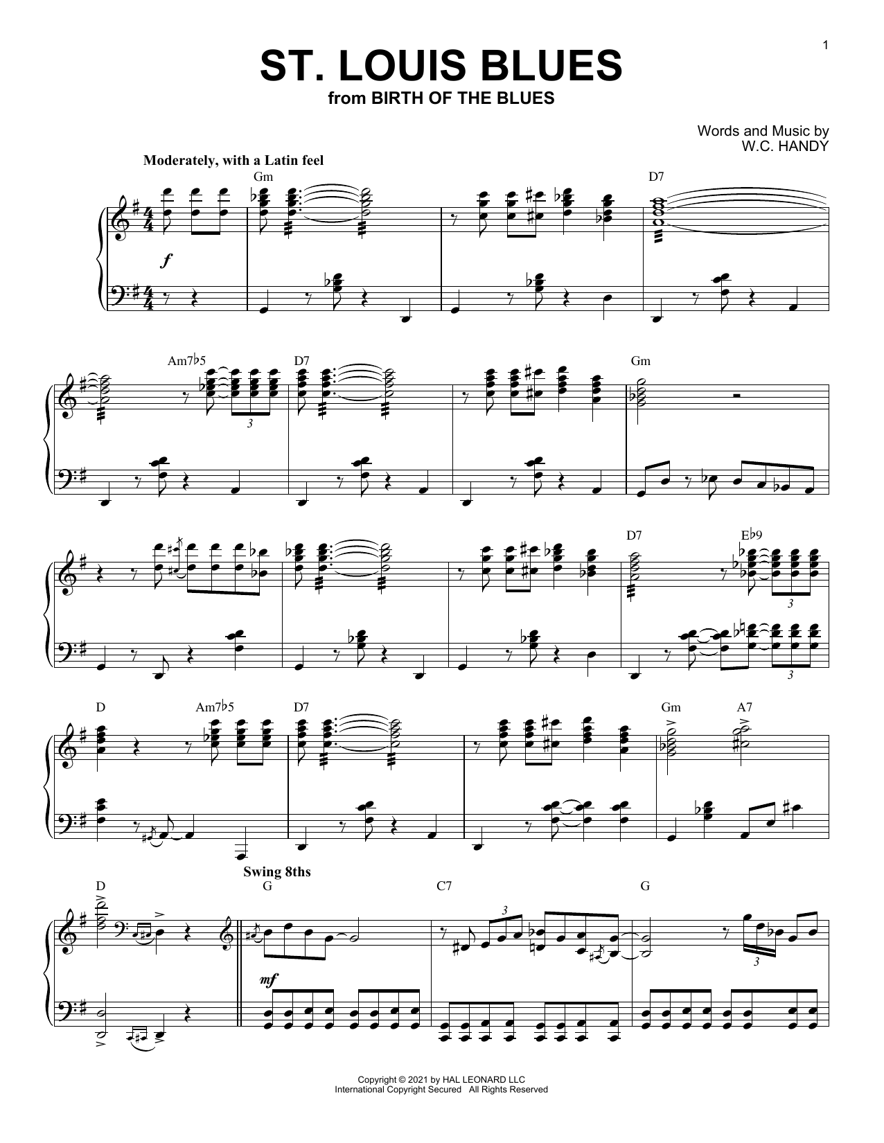 W.C. Handy St. Louis Blues (arr. Brent Edstrom) sheet music notes and chords arranged for Piano Solo