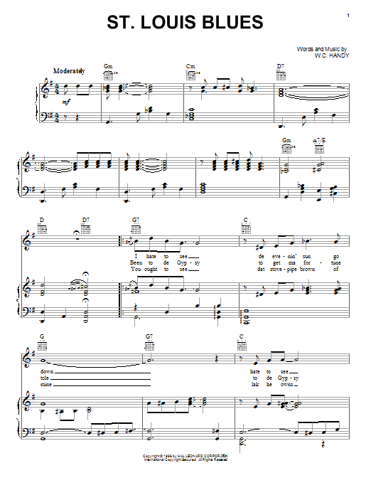 W.C. Handy St. Louis Blues sheet music notes and chords arranged for Piano, Vocal & Guitar Chords (Right-Hand Melody)