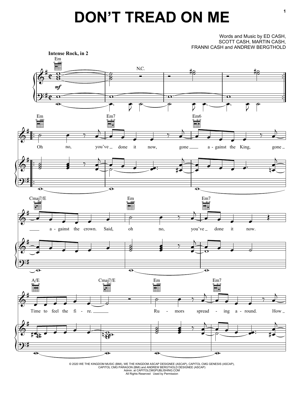 We The Kingdom Don't Tread On Me sheet music notes and chords arranged for Piano, Vocal & Guitar Chords (Right-Hand Melody)