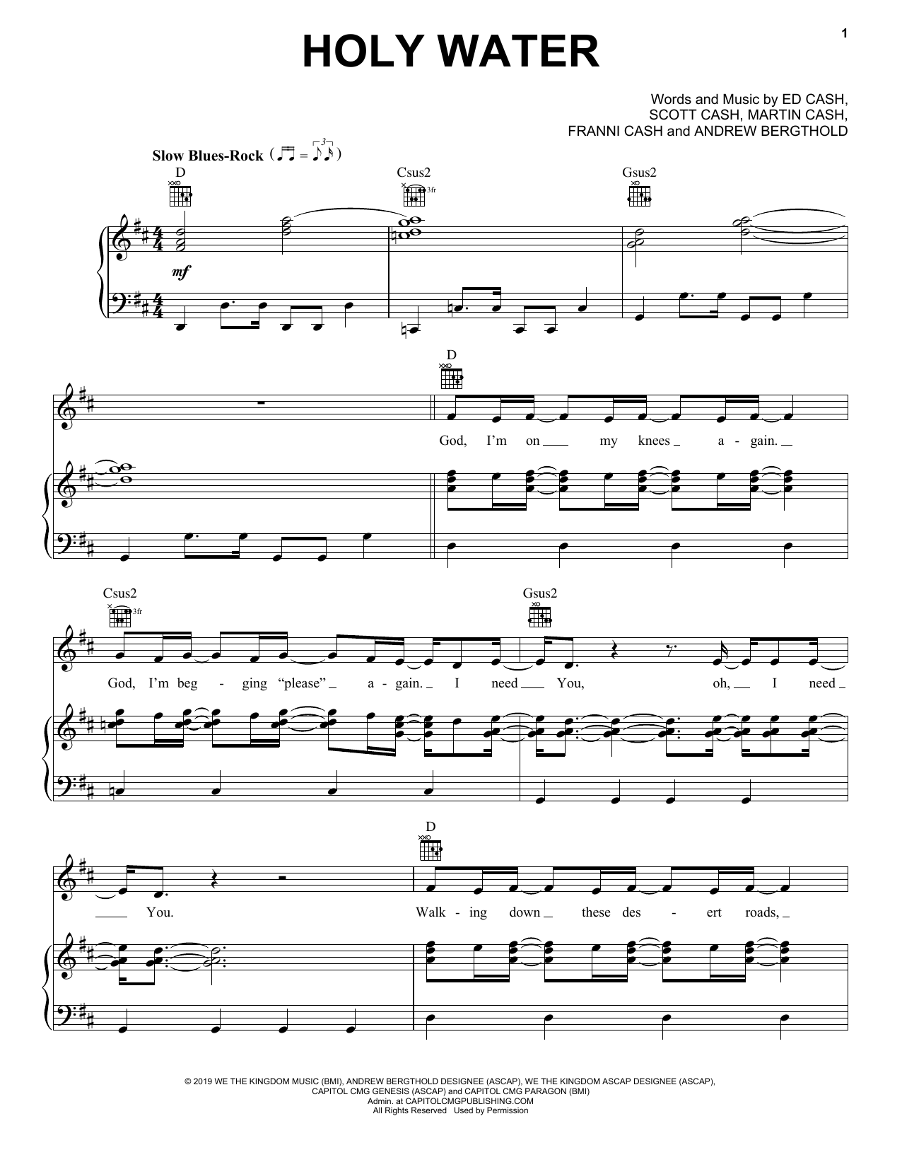 We The Kingdom Holy Water sheet music notes and chords arranged for Piano, Vocal & Guitar Chords (Right-Hand Melody)